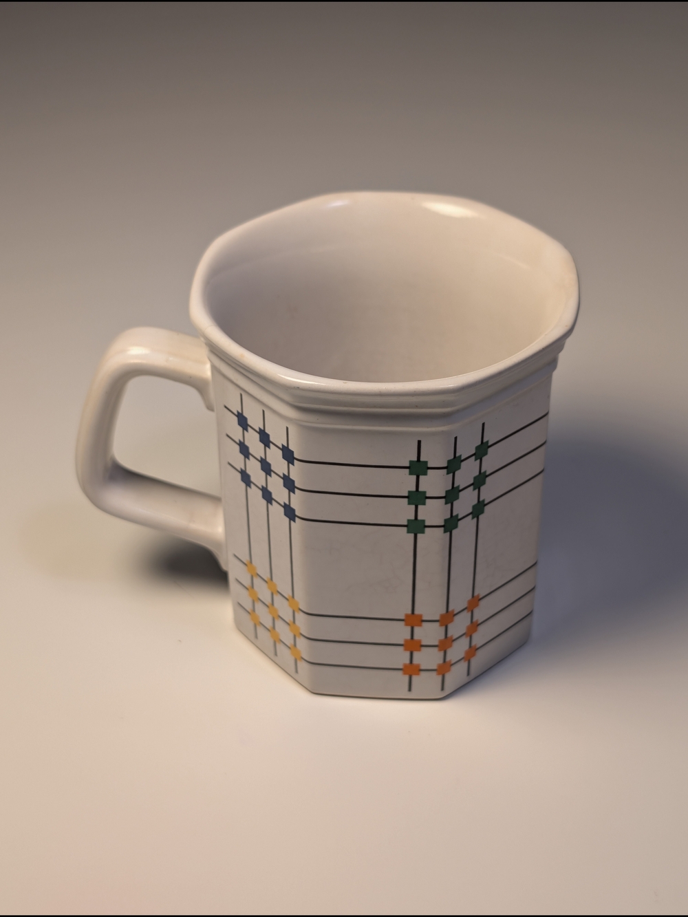 Vintage 80s Postmodern Mug Japan Octagonal Memphis Style Grid Geometric Colorful